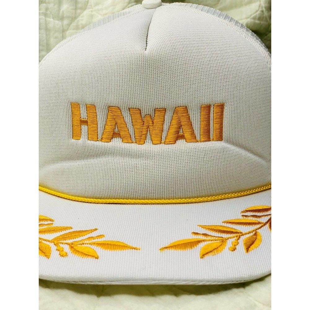 Vintage Trucker Hat Cap Mesh Foam Gold Leaf Scrambled Egg Snapback White Hawaii